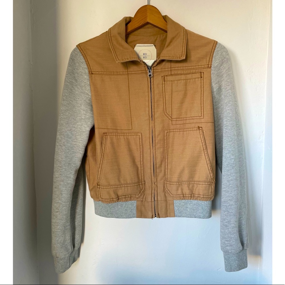 Anthropologie Hei Hei Jacket, Tan Khaki with Gray Sleeves, Size Small